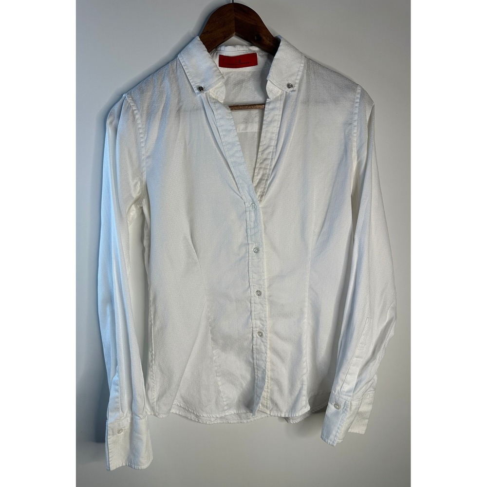 Carolina Herrera White Button Down Shirt Jacquard Logo Pattern Sz 8 Quiet Luxury - Picture 8 of 13